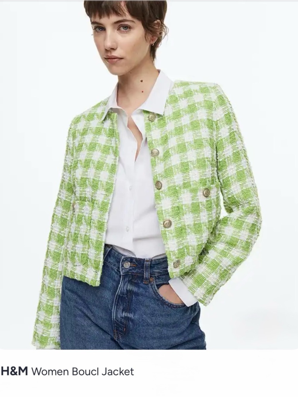 H&M Green & White Bouclé Check Cropped Jacket